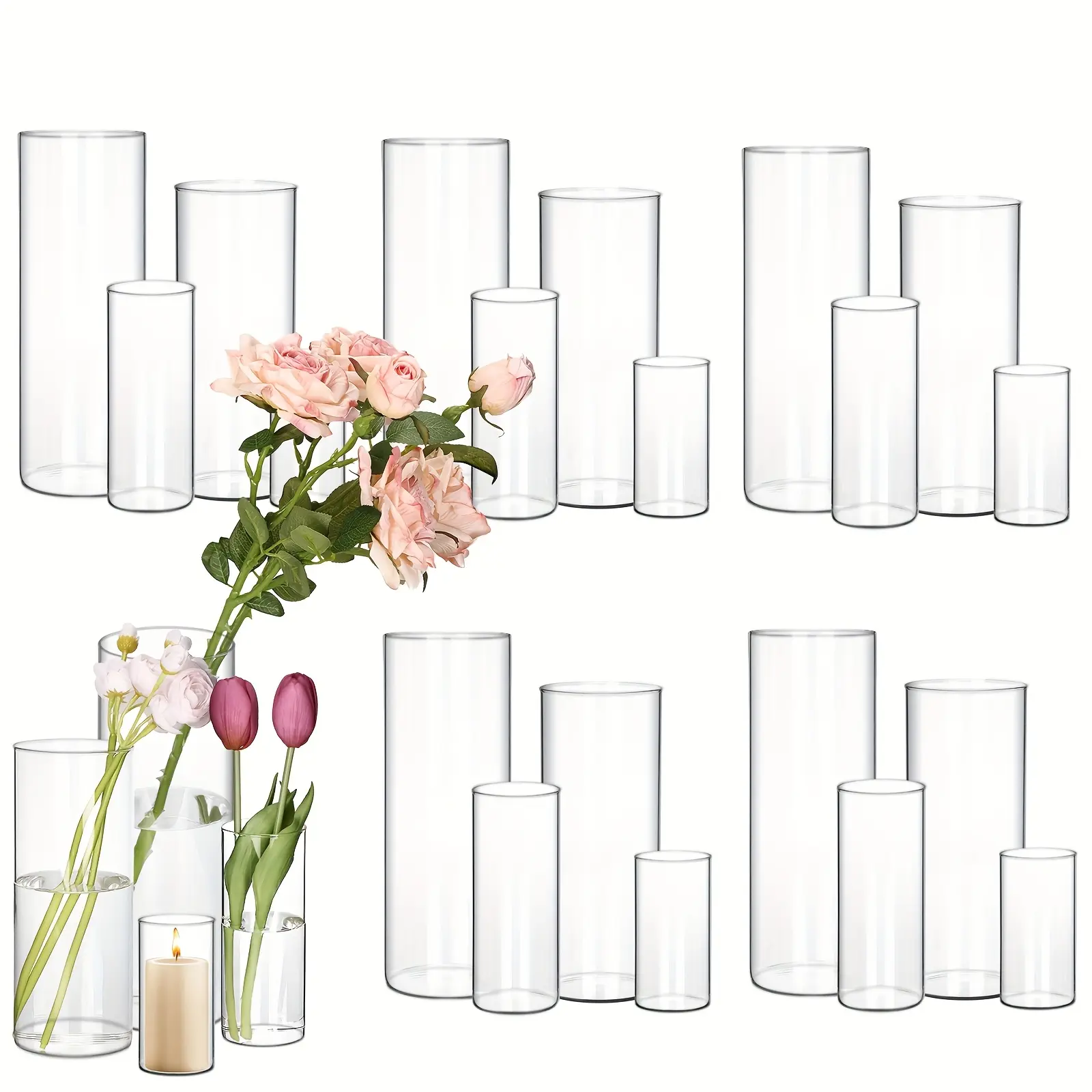 TOMNK 24pcs Clear Glass Cylinder Vases, 4, 6, 8, 9.8 Inch Tall Cylinder Vases for Party Table Centerpieces, Hurricane Floating Candle Holder Vase for Table Shelf, for Party, Collectible Buildings And Additions, Wedding, Home Decor