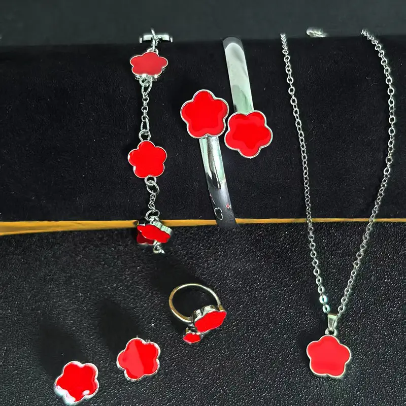 Silver Red Oil Five Flower Set