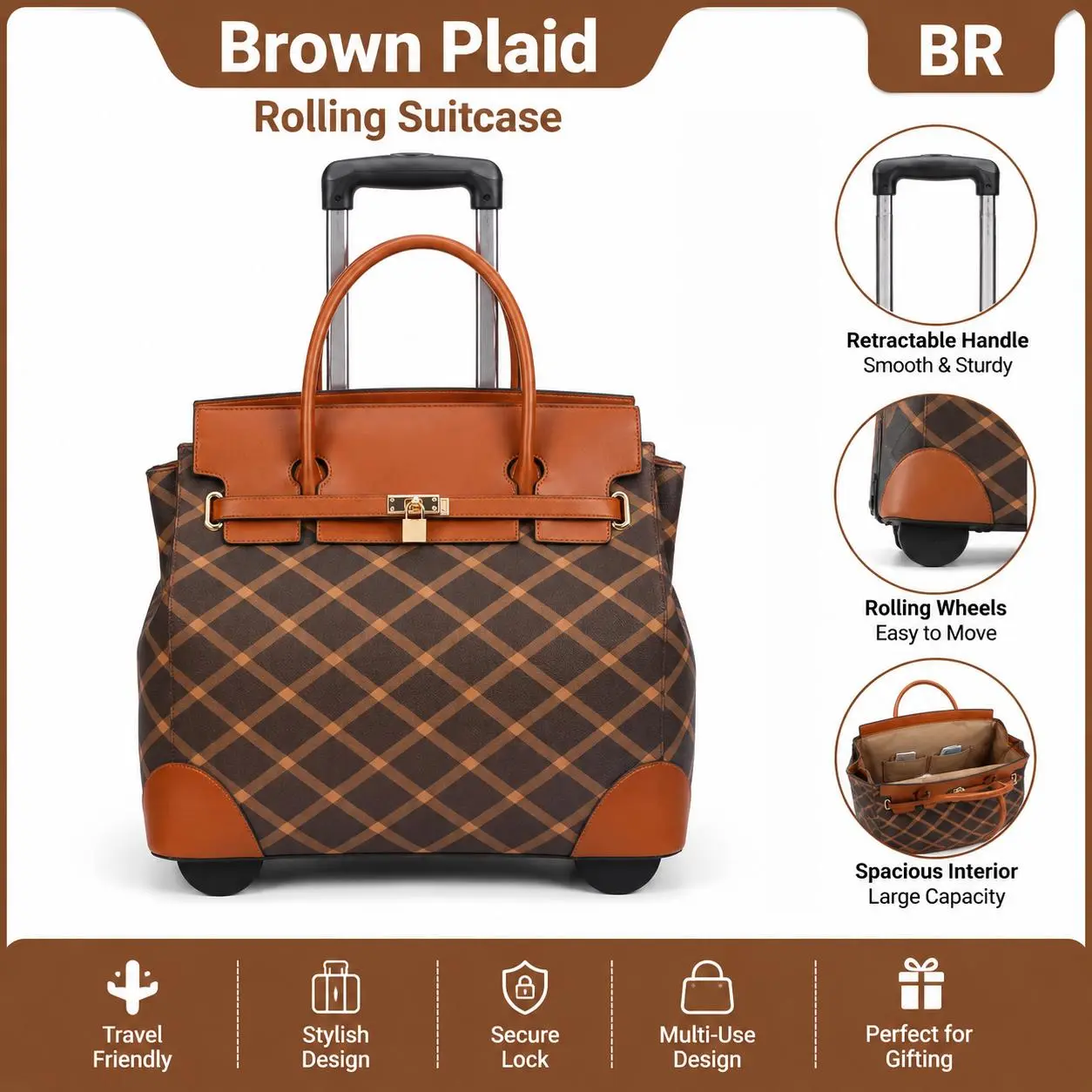 (For Creator）Rolling Suitcase with Wheels, Plaid Carry On Travel Bag with Retractable Handle, Spacious Weekender Luggage Tote for Travel, Business Trips & Daily Use