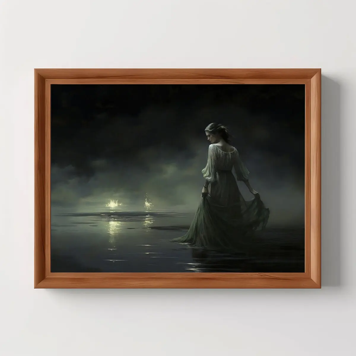 Girl Water Night | Seascape Painting, Moody Coast Print, Antique Vintage Painting, Dark Academia, Goth Cottagecore, Unframed | 5 size, 8x12 to 27x40 inch