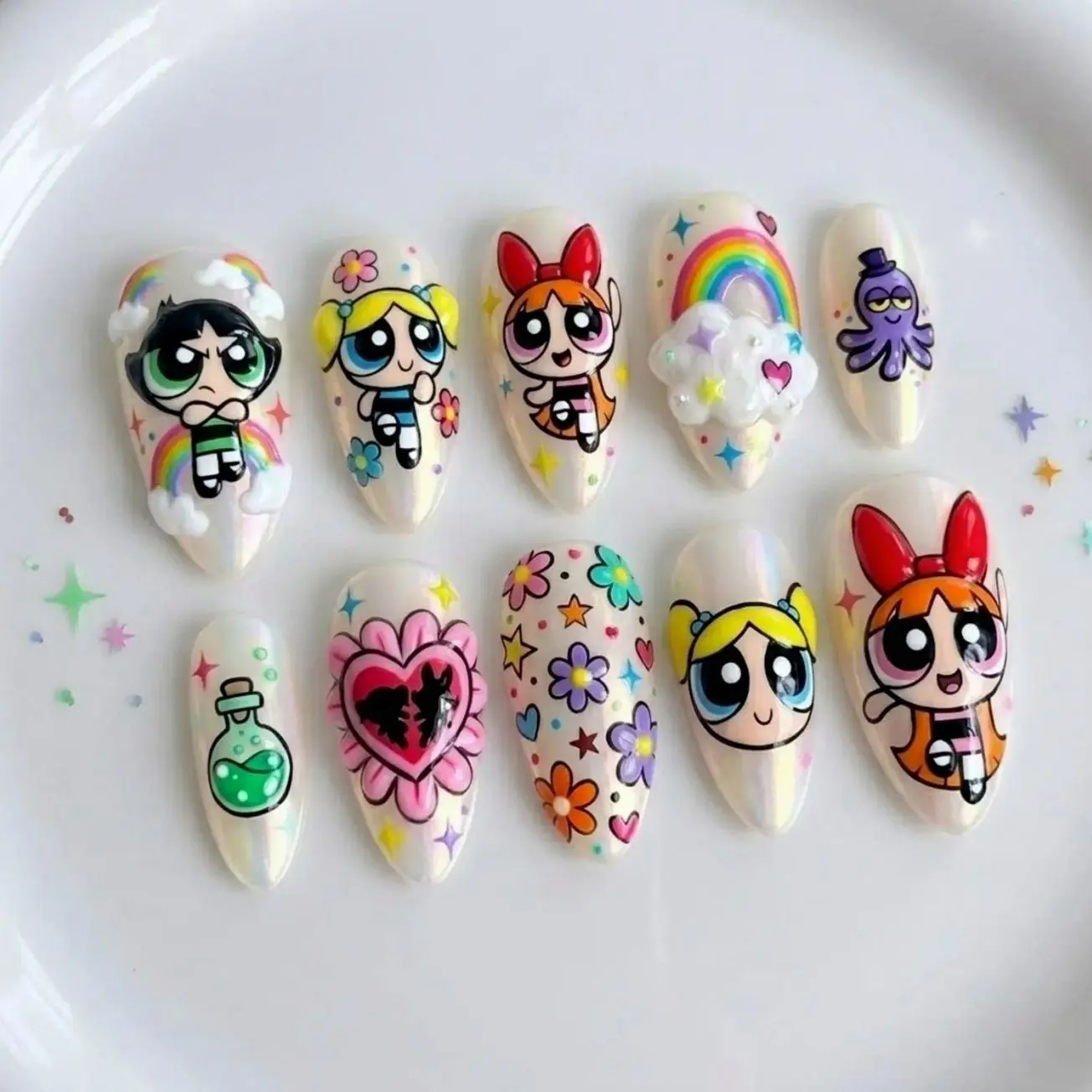 Powerpuff Girls Press On Nails | 90s Cartoon Nostalgia | Pearl Kawaii Almond | 3D Rainbow Cloud Nail | Hand Painted Pop Art Character Nail