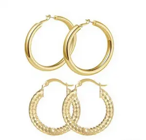 woman trendy gift 2 pairs/set Copper 18K Golden Hoop Earrings 25mm - Stylish Party Jewelry For Men - Ideal Wedding, Birthday Gift For Women