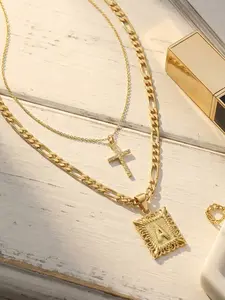 2-piece Jewelry Set for Party/Daily Wear/26 Initial Necklace + 18K Cross Punk Necklace, Women's Fashionable and Versatile Jewelry #Date #Figaro Chain #Copper #Trendy/Fade-Resistant/Hypoallergenic/Couples/Festival/Party/Ideal Gift