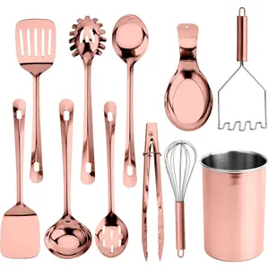 Kitchen Utensil Set -  Nonstick & Heat Resistant Kitchen Gadgets, Turner, Spaghetti Server, Serving Spoons, Whisk, Tongs, Masher & Utensil Holder, 10- Rose