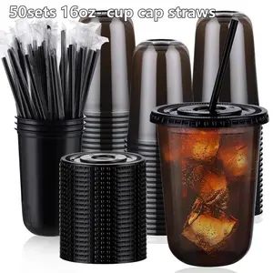 50 Set 16oz Transparent Plastic Drinking Cups with Lids and Straws, Disposable Cold Drink Cups for Iced Coffee, Milk Tea, Smoothies, Party Events