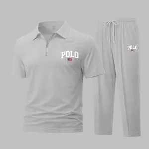 Men's Daily Look: Wing Golf Polo Flag With The Print Waffle Knit Polo Shirt and Athletic Pants Set, Short Sleeve Zip-Up Collar Two-Piece Outfit, Casual Sportswear, Lightweight Breathable Comfortable Daily Wear Travel Loungewear