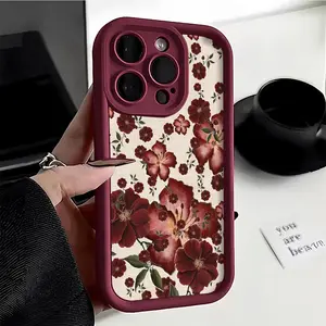 Vintage Burgundy Red Floral Phone Case - Gothic Aesthetic Protective Cover For iPhone 17 Pro Max 16 15 14 13 12 11 for Samsung S22 S23 S24 S25 Phone Case|Phone case with a lanyard|gift for him for her|Best Gift  #TYJTHUA21