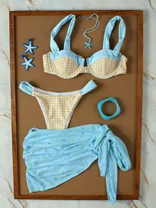 Women's Blue-Yellow Plaid Floral Hot-Girl Two-Piece Swimsuit with Wrap Skirt - Contrast Plaid Trendy Beach Vacation Swimwea Summer Swimsuit Set