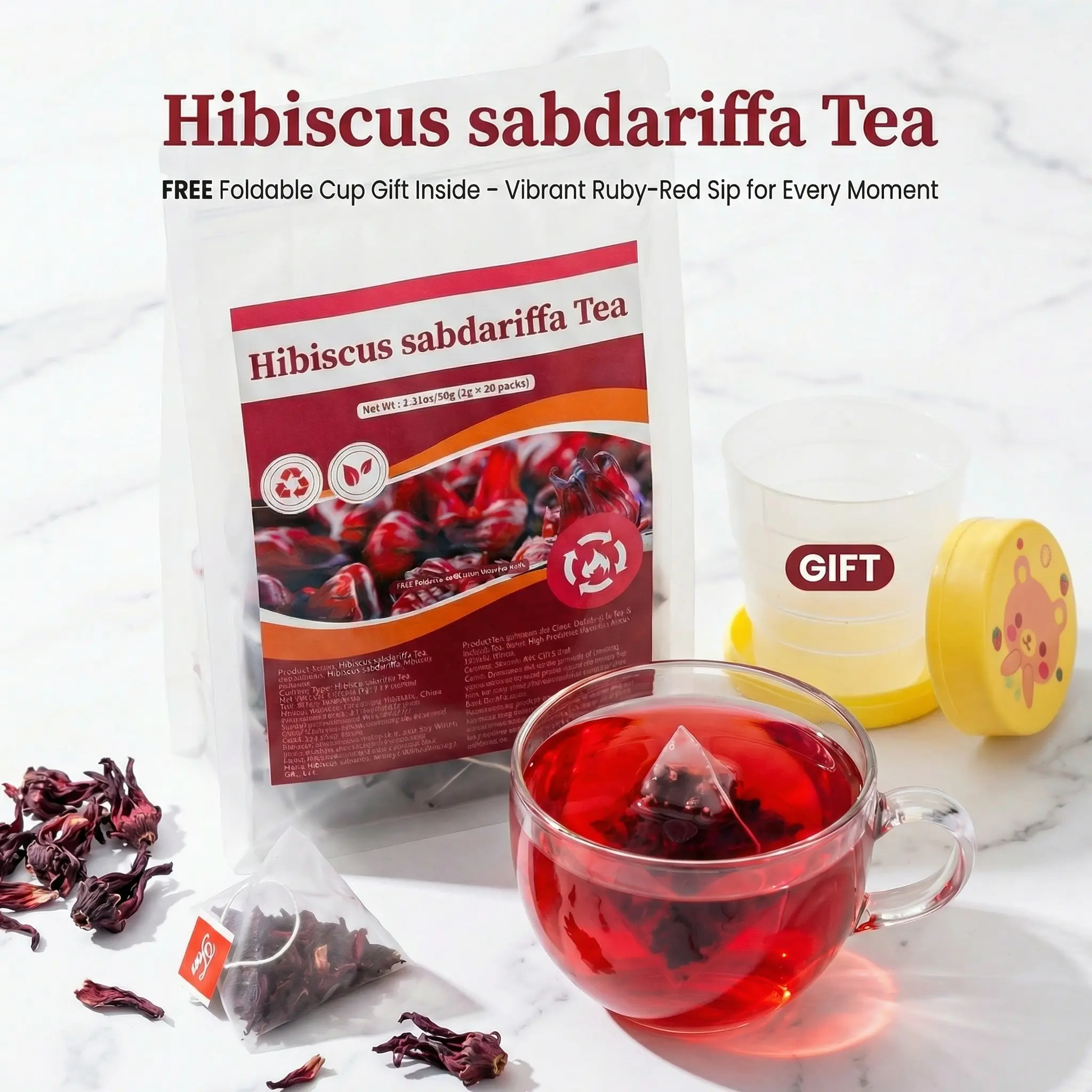 Hibiscus Roselle Natural Tea Bags Selected Premium Ingredients No Additives Individually Wrapped Portable for Home Office Daily Leisure Hot & Cold Easy Brewing
