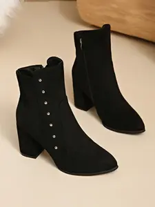 New Side Metal Studs Chunky Heel Ankle Boots, Comfortable Versatile Slimming Design Women Shoes, Casual Elegant Fashion Booties, Thick Heeled Boots