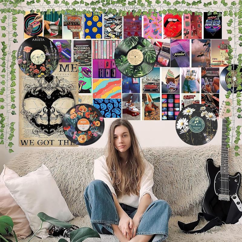 K Studio Hippie Style Decor, Room Aesthetic Poster Set, Plant Wall Art, Record Decoration, 4 Pieces 30cm X 30cm, Home Decor, Wooden Wall Art