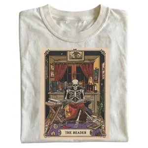 Vintage Skeleton Reading Tarot Card Shirt, The Reader Skeleton Graphic Tee, Gothic Book Lover T-Shirt, Dark Academia Aesthetic Shirt, Spooky Reader Gift, Crew Neck T-shirt, Trending T-shirt, Gift for Men, Gift for Women