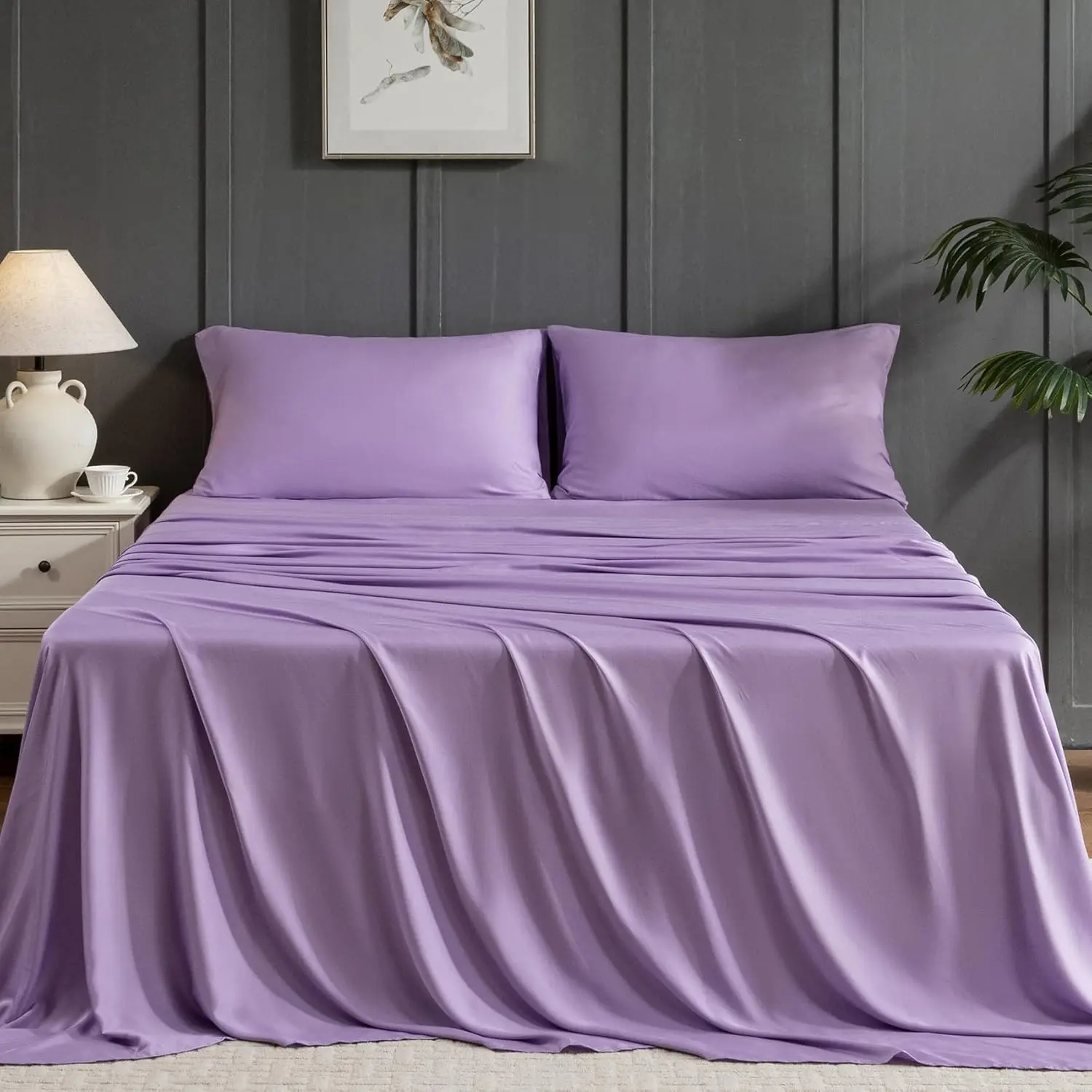 Lavender  Viscose Derived from  Sheet Set  Size, 4 count Cooling Silky Bed Sheets for Hot Sleeper, Luxury Soft Deep Pocket Fitted Bedsheets