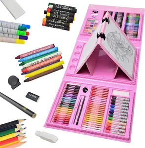 [Bcak to School] 185 Pieces Double Sided Trifold Easel Art Set, Drawing Art Box with Oil Pastels, Crayons, Colored Pencils, Markers, Paint Brush, Watercolor Cakes, Sketch Pad