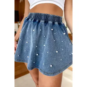 Ashleigh Blue Denim Pearl Embellished Elastic Waist Mini Skort