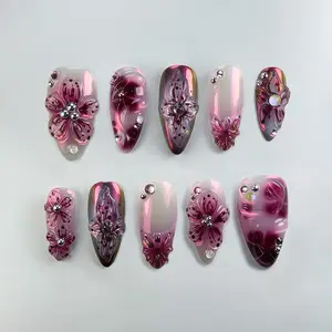 Burgundy 3D Floral Nails, 3D Flower Press On Nails, Burgundy Pink Chrome Nails, Luxury Handmade Fake Nails, Gift for her, Birthday nails