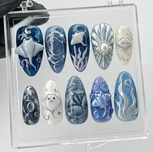 Handmade Deep Blue Press On Nails, 3D Manta Ray Nail Set, Galaxy Cat Eye & Kelp Accents, Nails For Mystic Ocean Vibes