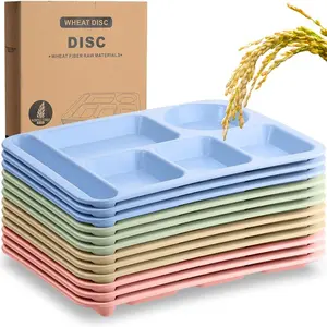 12 count 14'' Large Divided Plates Unbreakable Wheat Straw Lunch Trays 6 Compartments Cafeteria Trays Microwave Dishwasher Safe  Separator Plates (Beige, Blue, Green, Pink)