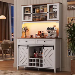 72" Sliding Barn Door High Bar Cabinet Farmhouse, Large Kitchen Buffet with Hutch Wine Storage, Charging Station, 2 Drawers, for Dining, White Modern Sideboard
