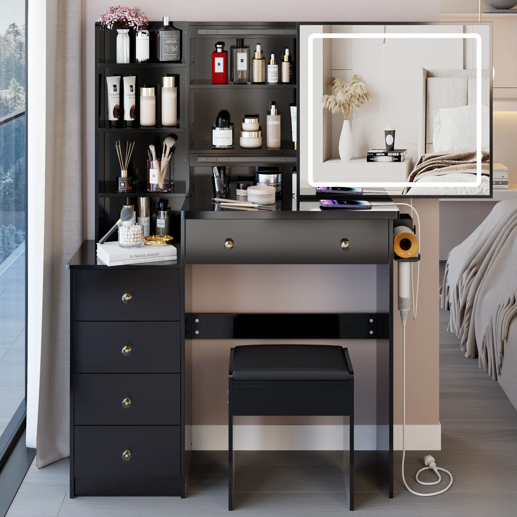 37" Vanity Desk with Slide Mirror and Lights, Vanity Mirror Desk with Lights, Large Makeup Vanity with USB Charge and Hair Dryer Stand, 37''x15.7''x54'', Black with 5 Drawers