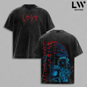 Alien Hunter Predator Graphic Tee, Sci-Fi Warrior Art, Cyber Alien Illustration, Dark Futuristic Design, Washed Black Oversized T-shirt, Unisex Streetwear