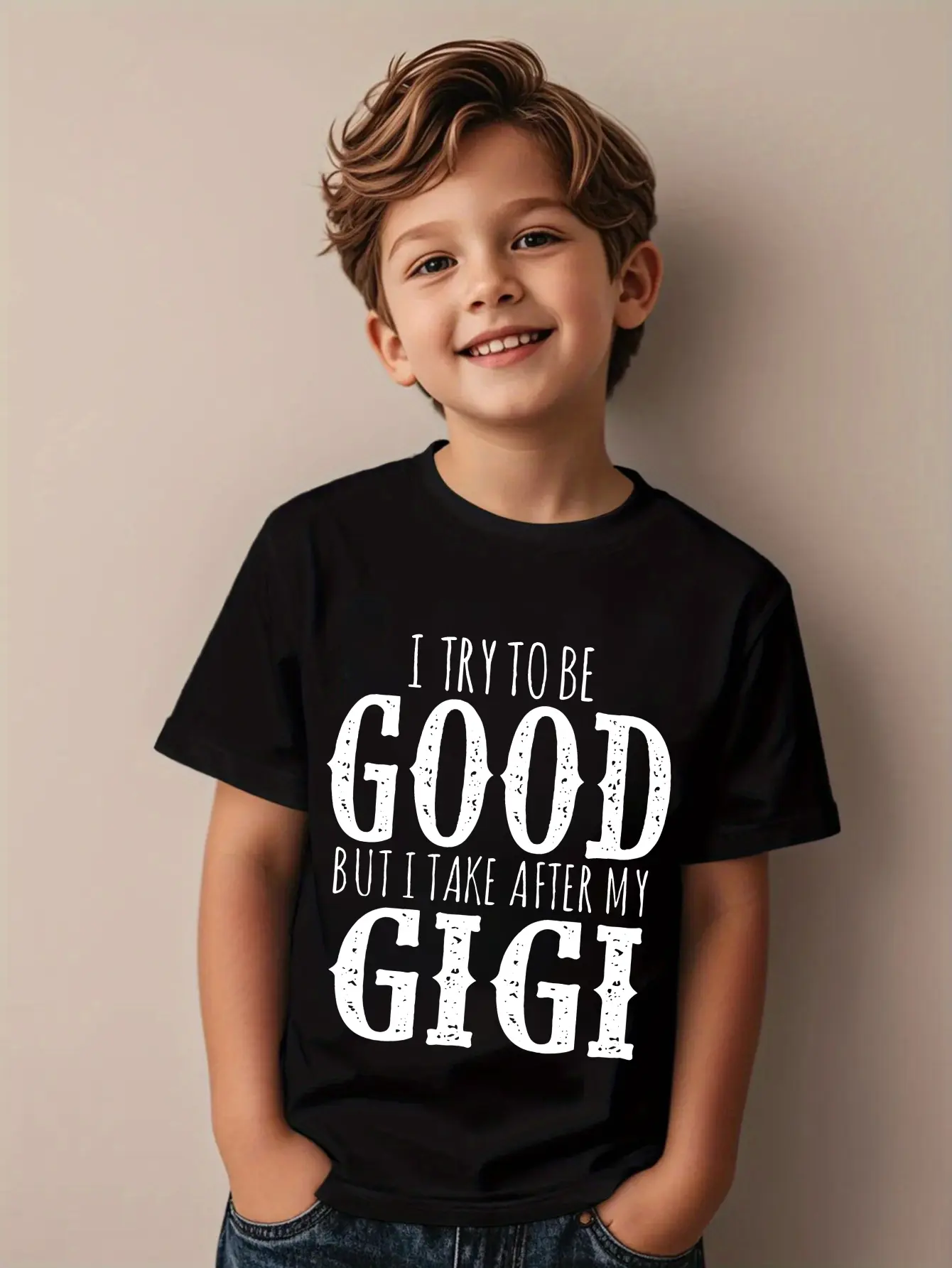 100% Cotton Boys' T-Shirt - "I Try to Be Good, But I Take After My Gigi" Funny Print, Comfortable Casual Round Neck Short Sleeve Tee for Youngsters, Summer Wear, Everyday Youngsters Tee| Statement Tshirt| Comfortable Fit, Tween Boy Clothes