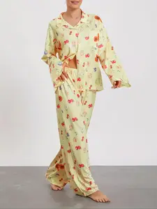 Dancing Again Women's All Over Print Pocket Shirt & Elastic Waist Pants Pyjama, Casual Comfy Button Front Drop Shoulder Collared Top & Trousers Pj Set, Pajamas, Women's Sleepwear & Loungewear for Spring & Fall, Cute Pajama Sets