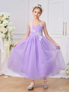 7-12Y Lilac 0055 Kids Clothes Flower Girls Princess Long Ball Gown Frock Appliques Mesh Ball Gown Children Formal Evening Party Banquet Pageant Prom Host Cocktail Dress