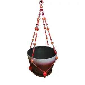 Red Plant Hanger with Beaded Design for Hanging Pots and Planters Hangable Decorative