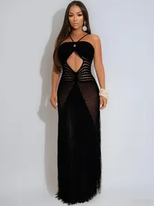 Women's Knitted Dress Slim-Fit Halter Neck, Sleeveless with Cutout Details, Sheer Solid-Color Maxi Dress. A Sexy, Waist-Cinching Knitted Dress Featuring Drawstrings and Tassels—Ideal as Beachwear, or for Parties and Nightclubs summervibes