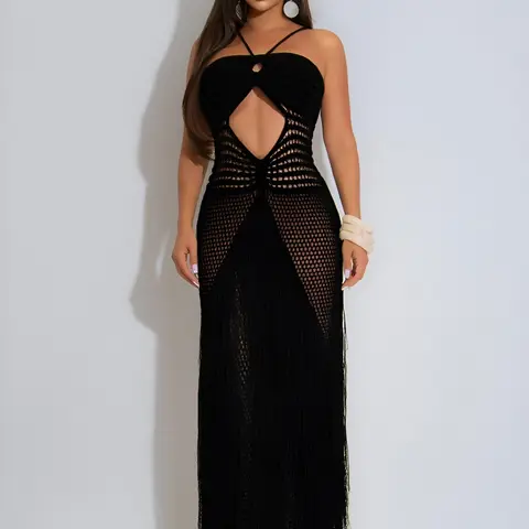 Women's Slim-Fit Polyester Knitted Halter Neck Sleeveless Maxi Dress - Black, Cutout Details, Sheer Solid, Waist-Cinching Drawstrings, Tassels - Sports Outdoor Clothing for Travel, Party, Resort Wear