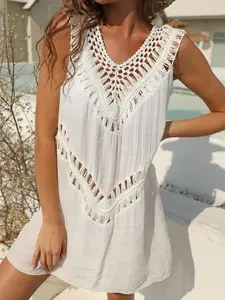 Women's Plain Hollow Out Crochet Cover Up Dress, Casual Sleeveless Cover Up for Beach Holiday Vacation, Ladies Clothes for All Seasons, Clothing, Beach Cover Ups, Crochet Coverups
