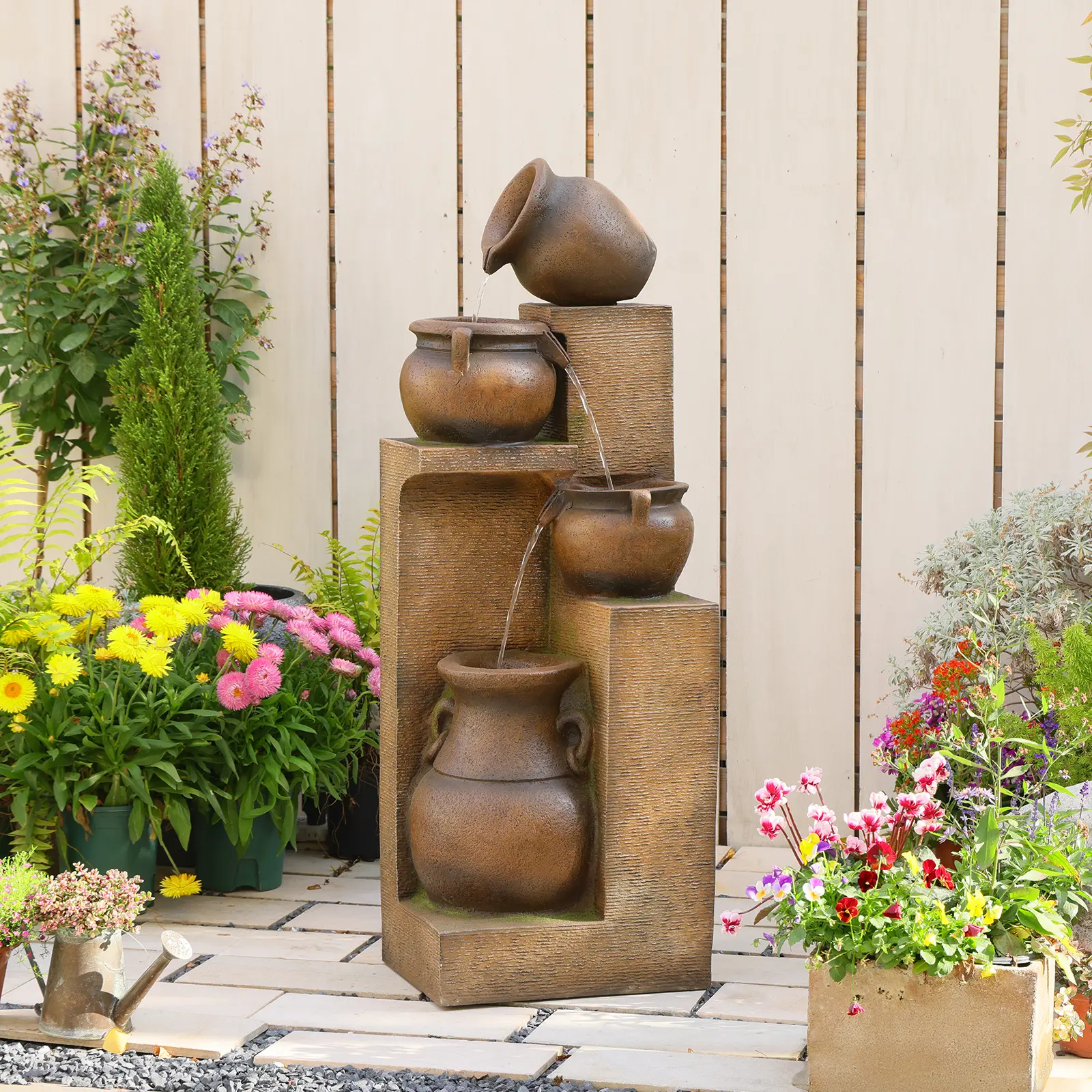 Bumilgar 53" H Resin Water Fountain with LED Lights 4 Tiered Floor Standing Outdoor Fountain for Garden Patio Backyard Porch Home Art Decor Durable Weatherproof Rust Resistant