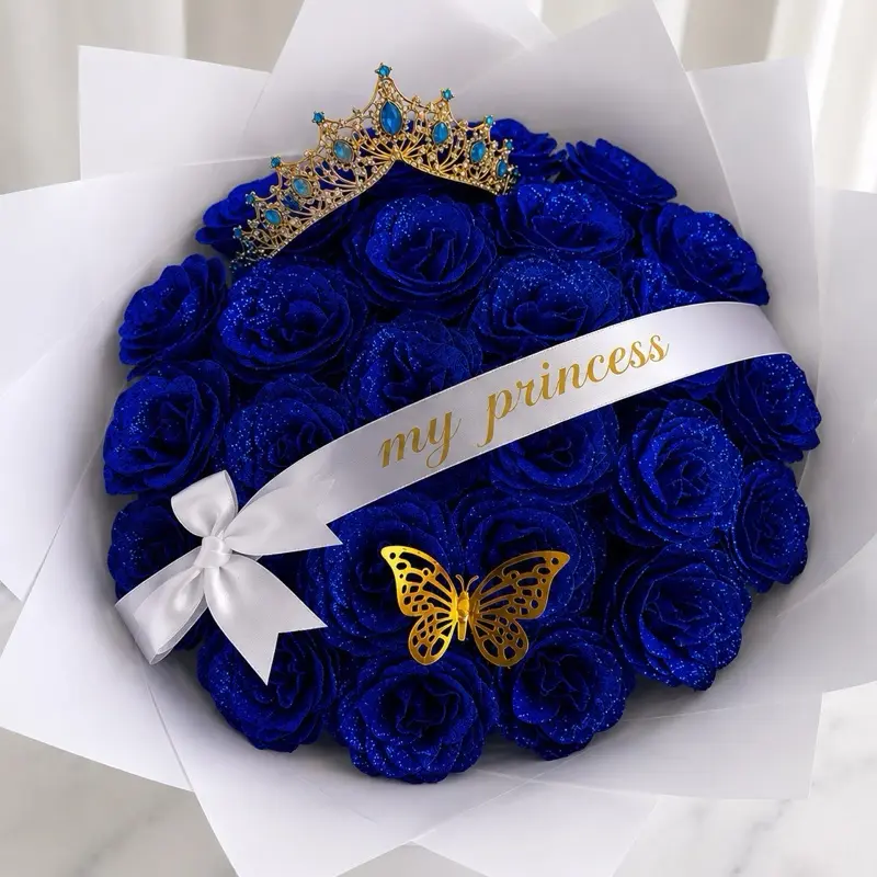 Blue Eternal Rose Bouquet with Personalized Ribbon – Luxury Graduation Gift, Birthday, Anniversary, Mother’s Day