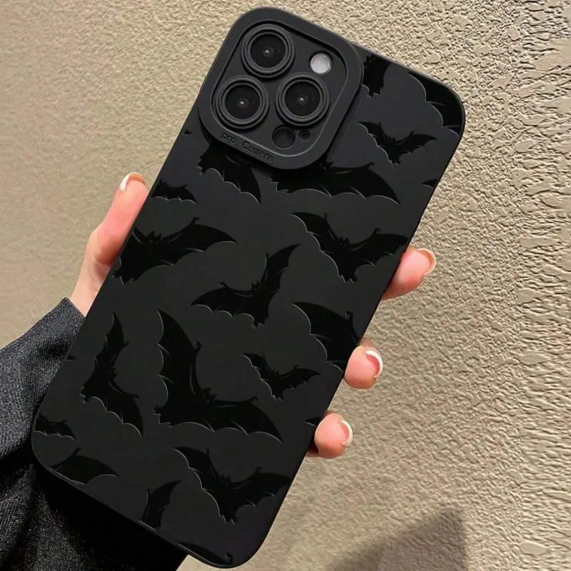 Bat Pattern Smartphone Case - Black, Full-Screen Protective, Shockproof PC+TPU Casing with Screen Protector, Flexible Fit, Multi-Model for iPhone 15,14,13,12,11,X,XS,XR,XS Max,7,8,7P,8P,Pro,Pro Max,Plus