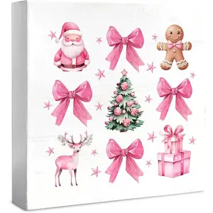 Pink Christmas Shelf Bathroom Decor Wooden Box Sign Plaque, Christmas Decorations for Bedroom Home Kitchen Office Tabletop, Santa Claus Gingerbread Bedroom Decor Sign, 5x5 Inch
