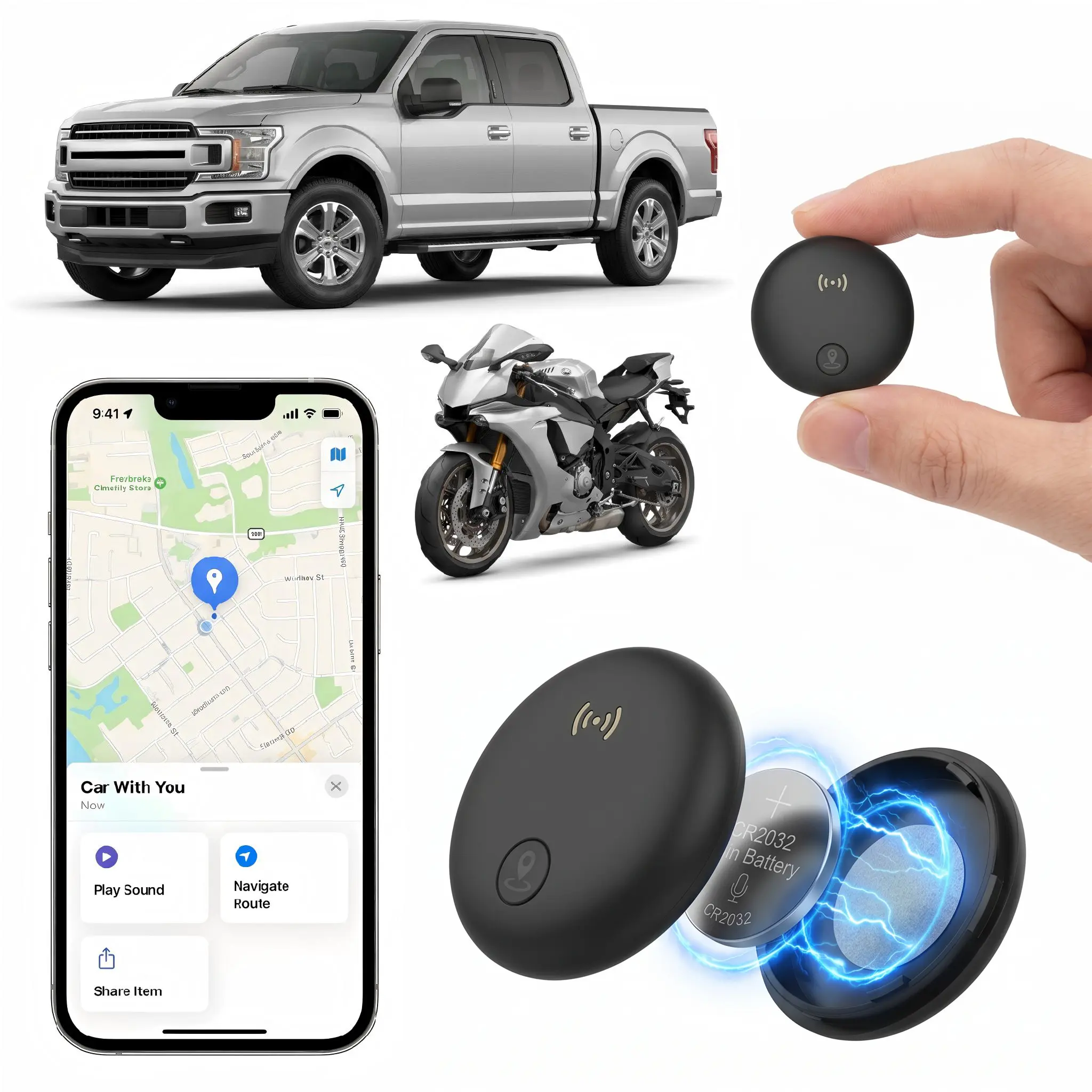 Portable Magnetic Car GPS Tracker - Features a built-in powerful magnet, real-time location tracking, no monthly fees or SIM card required, compatible only with iOS Find My, suitable for cars, pets, and other items, with a battery life of 730 days