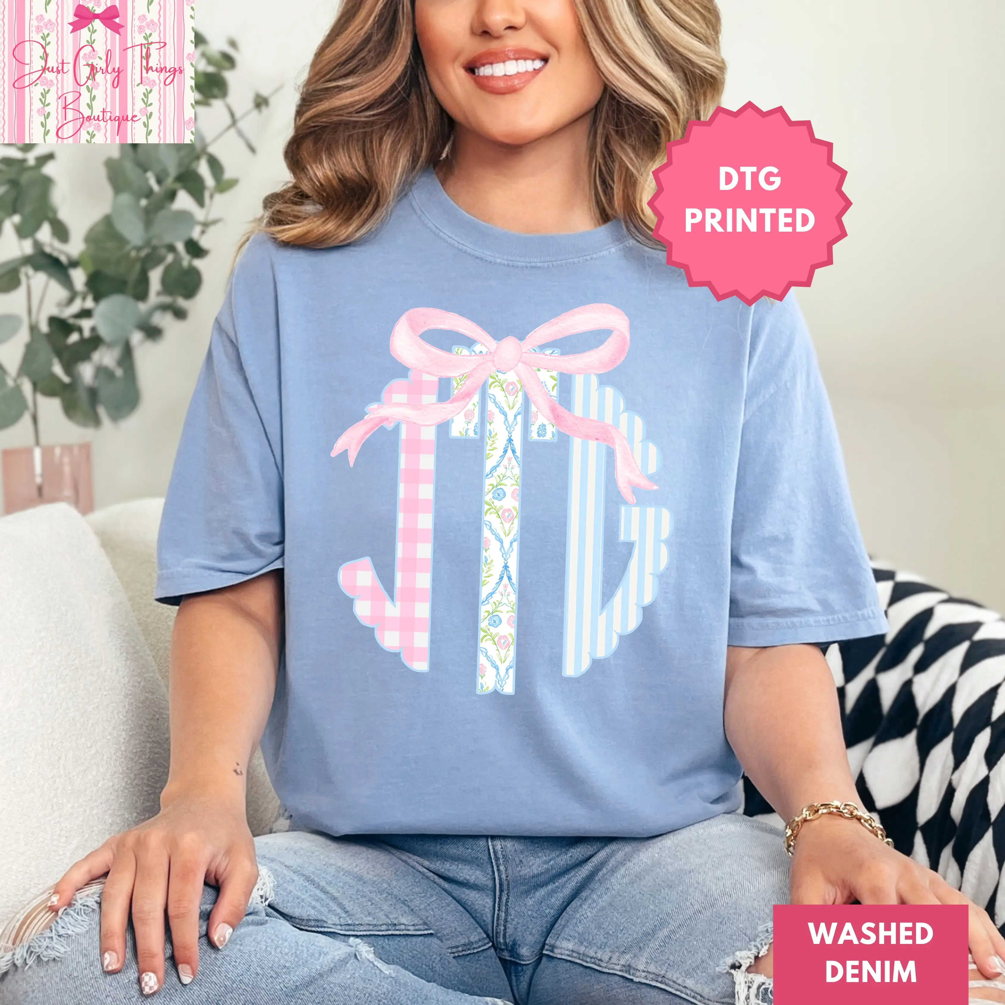 Custom Grandmillennial Monogram Shirt ~ (Leave First Name Initial, Last Name Initial, Middle Name Initial in Notes at Checkout), Checkered Shirt, Custom Name Shirt, Personalized Name Shirt, Custom Monogram Shirt, Floral Monogrammed Shirt