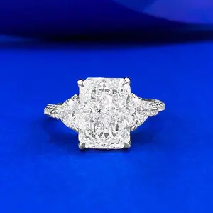 S925 Sterling Silver Ice Flower Cut Rectangular Three Stones Ring 8*11mm 5carat 8A Cubic Zirconia Ring-450(20%)