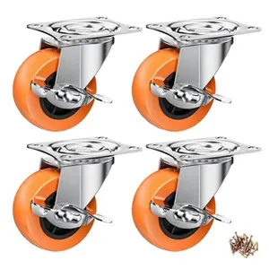 2 Inch Casters, Caster Wheels with Side Brake, Locking Casters Set of 4, Industrial/Furniture Swivel Plate Caster Wheels for Workbench and Carts, Orange Polyurethane (PU) Castors (4 Pack)