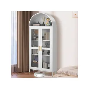 73" Tall Arched Pantry Cabinet,Versatile Cupboard With Glass Door, 2 Adjustable Shelves & Drawers,Modern Farmhouse Arched Bookcase White