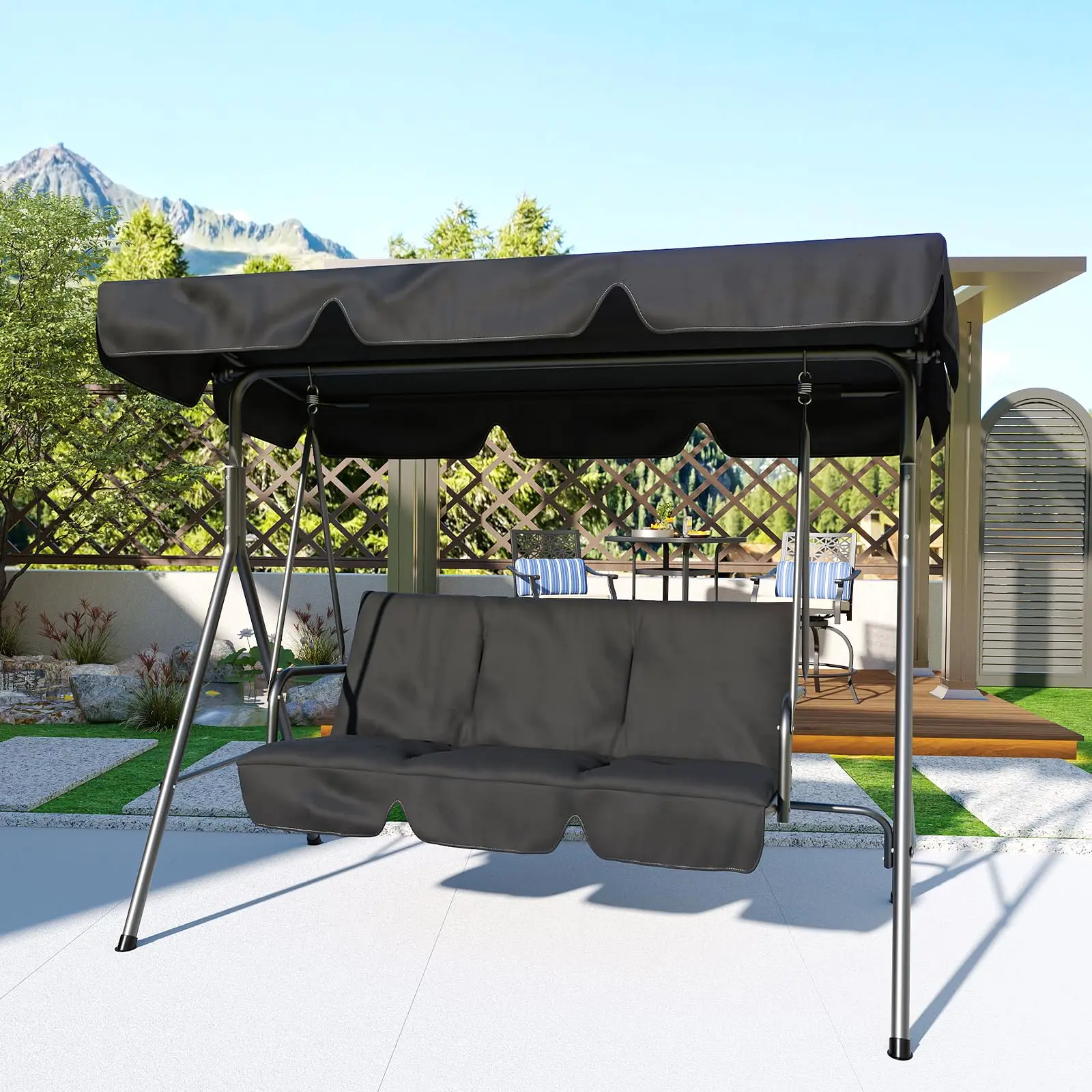 3-Seat Outdoor Porch Swing with Adjustable Canopy, Thick Cushions, Non-Slip Feet, Strong Spring Hooks, 500 Lbs Capacity, UV-Resistant & Waterproof, Outdoor Living Furniture for Patio Garden