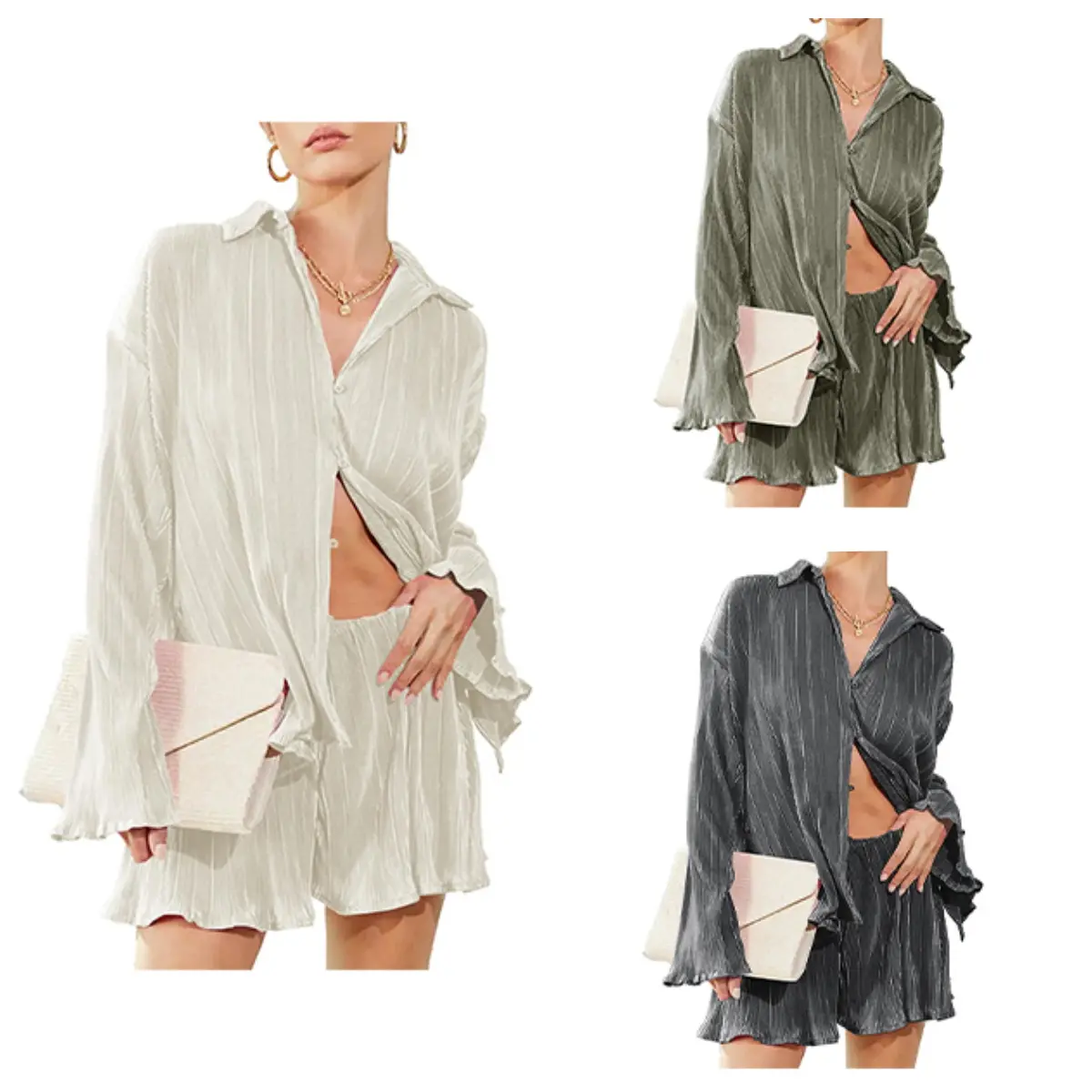 DUTUT Women's Outfits Two-Piece Set Button Down Top & Shorts Loungewear Comfortable Casual Basic Collared Minimalist Style Clothes