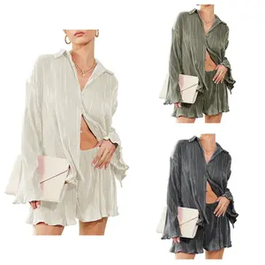 DUTUT Women's Outfits Two-Piece Set Button Down Top & Shorts Loungewear Comfortable Casual Basic Collared Minimalist Style Clothes