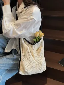 French Lace Knit Crossbody Shoulder Bag, Vintage Crochet Single Strap Bag, Summer Beach Resort Basket Bag, Soft Style Knitted Bag for Women