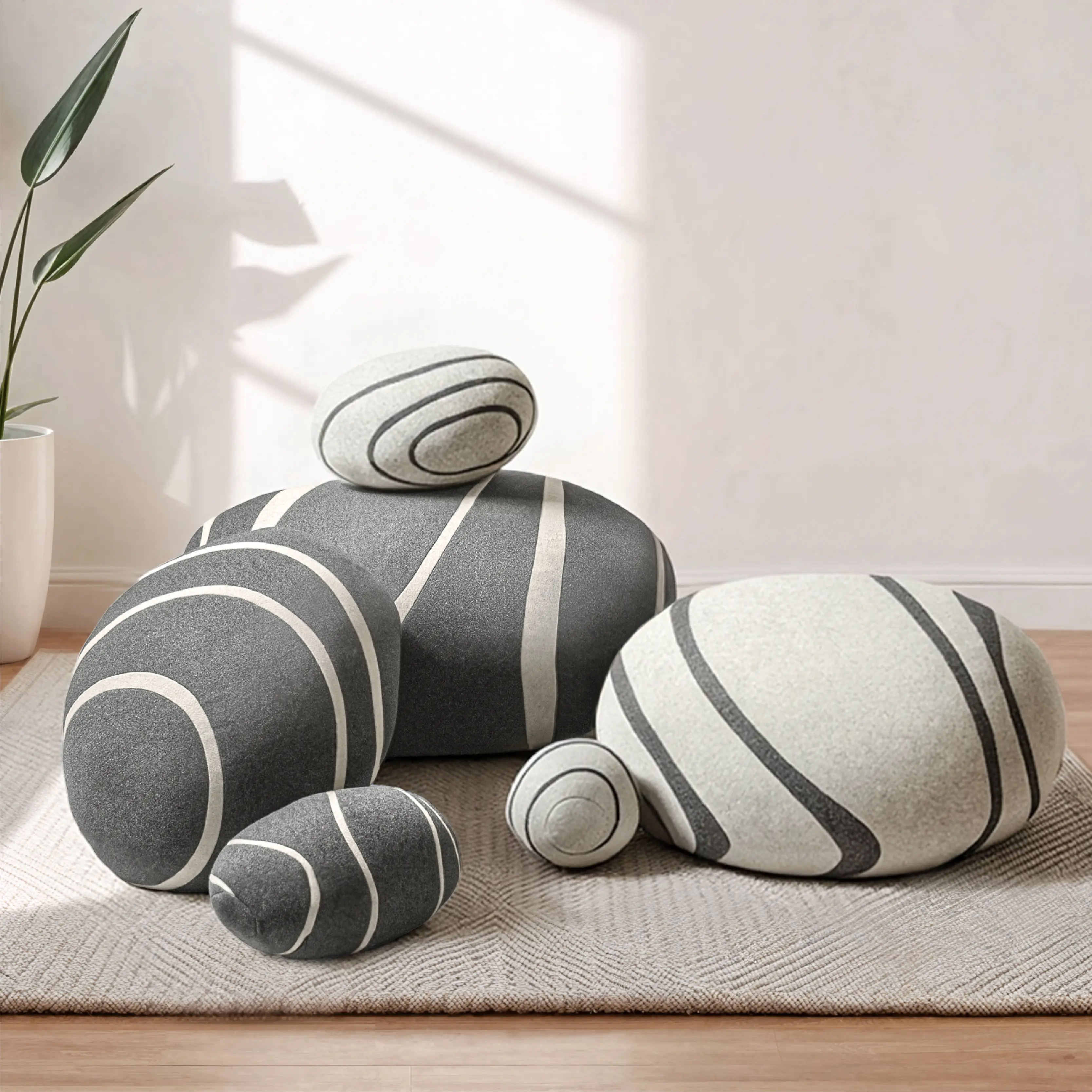 6-Piece Striped Cobblestone-Shaped Throw Pillow Set, Gray & Beige Cotton Soft Knit Decorative Cushions for Living Room, Bedroom, Meditation & Gifting to Design Lovers