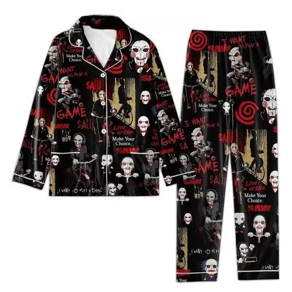 Saw Inspired Pajama Set, Live or D1e Satin Sleepwear, Horror Movie Lounge Wear, Creepy Halloween Nightwear, Gift for Thriller Fans