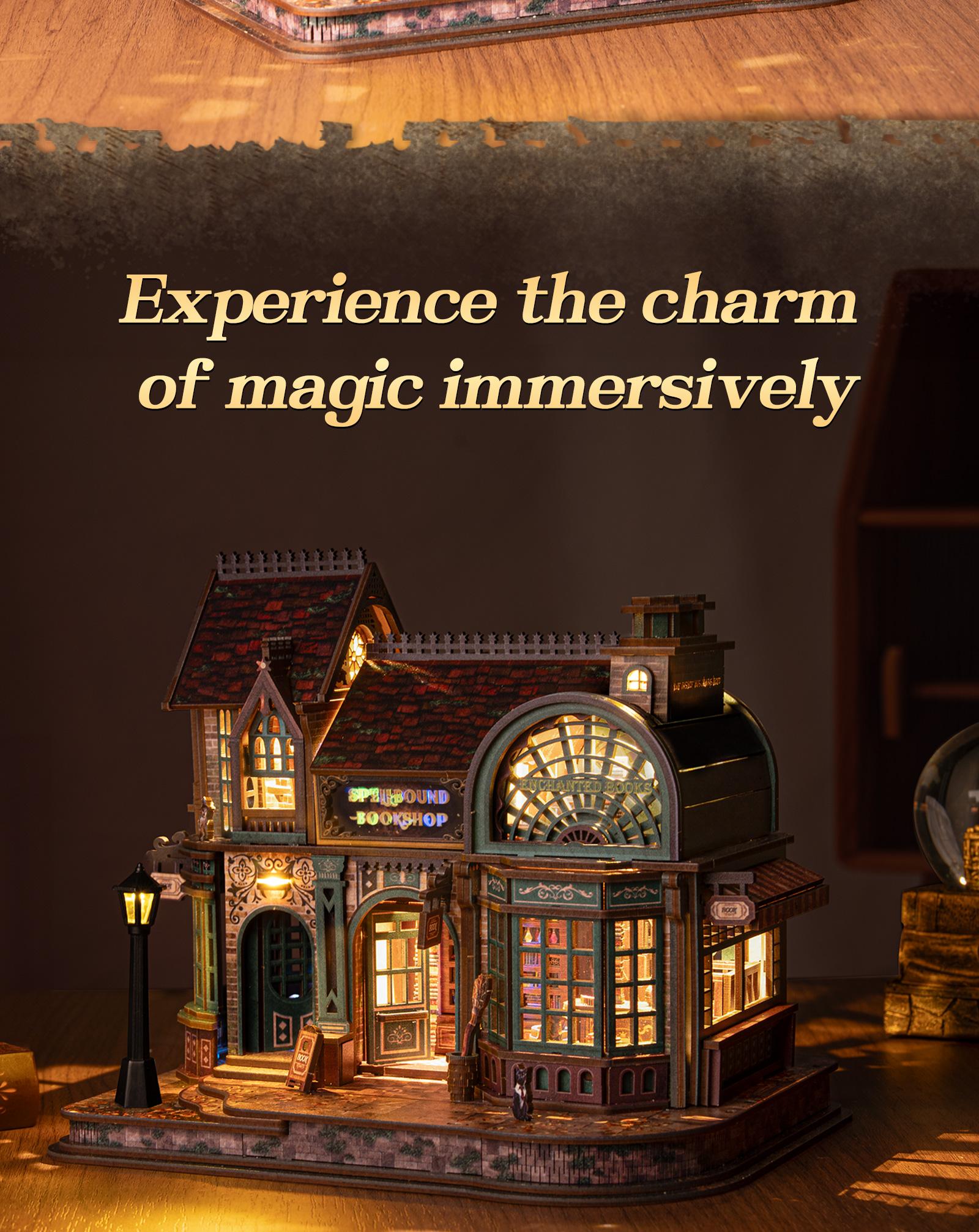 FUNPOLA LED 3D Wooden  Puzzle Magic Bookstore Building Model Kit - DIY Miniature Spellbound Bookshop - 3D Puzzle Architecture Craft Gift for Adults(Standard&Upgraded))