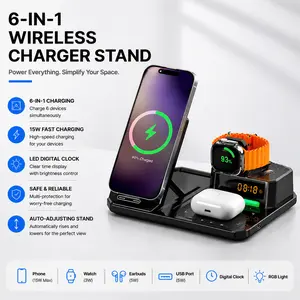 Tuovoim 6-in-1 Wireless Charging Station with Box Speaker, 15W Fast Charger, RGB Mood Light, Digital Clock, Adjustable Cable for iPhone 15/14/13, Apple Watch, AirPods, Mobile/Cellphone, Electronic Devices, Portable USB Charger