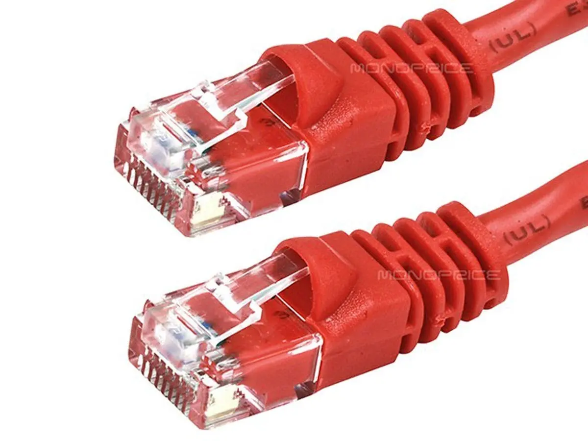 Monoprice 41455 Cat5e Ethernet Patch Cable with Snagless RJ45 Stranded 350MHz UTP Pure Bare Copper Wire Crossover, Red - 24AWG - 5 ft.